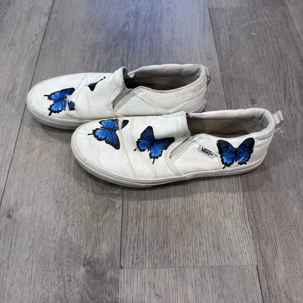 Blue Butterfly White Slip On Vans - Custom Painted Vans Shoes Youth Size 5